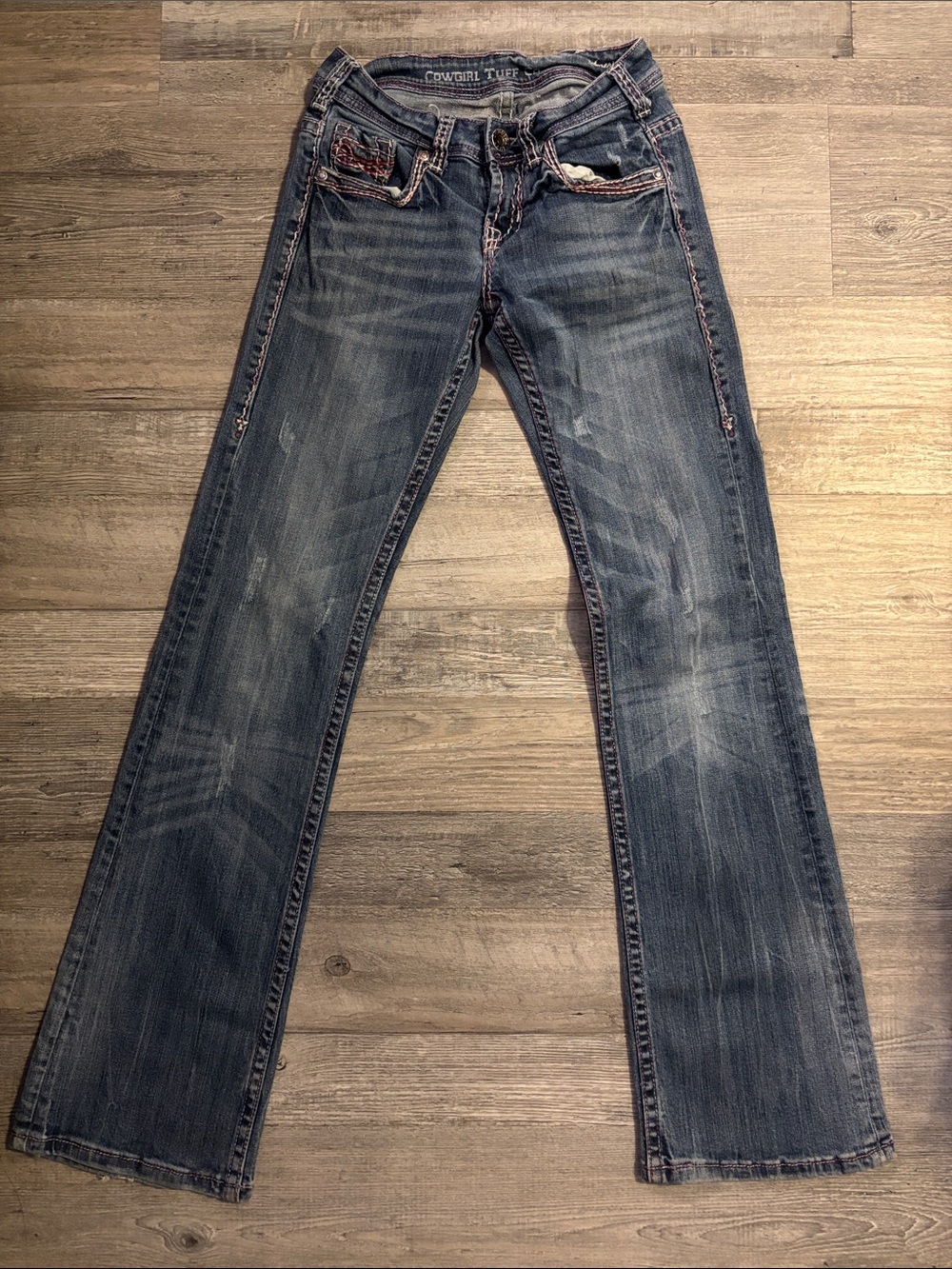 Cowgirl Tuff Women's Faded Blue Bootcut Jeans with Contrast Stitching